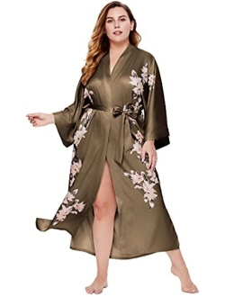 BABEYOND Plus Size Long Kimono Robe Floral Satin Robes Plus Size Kimono Cover Up Loose Cardigan Top Bachelorette Party Robe