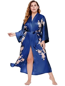 BABEYOND Plus Size Long Kimono Robe Floral Satin Robes Plus Size Kimono Cover Up Loose Cardigan Top Bachelorette Party Robe