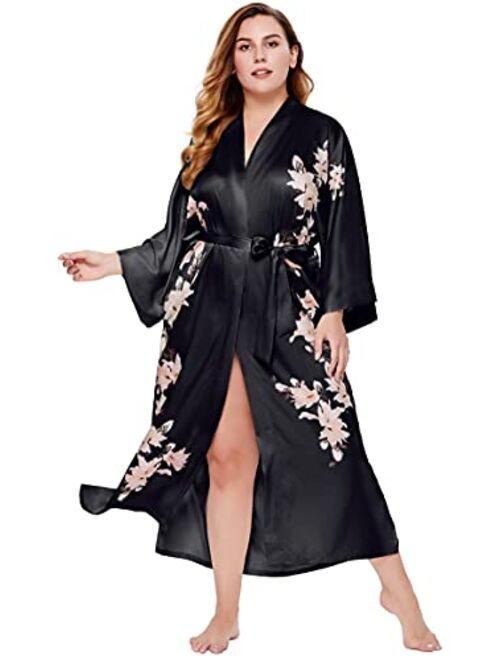 BABEYOND Plus Size Long Kimono Robe Floral Satin Robes Plus Size Kimono Cover Up Loose Cardigan Top Bachelorette Party Robe