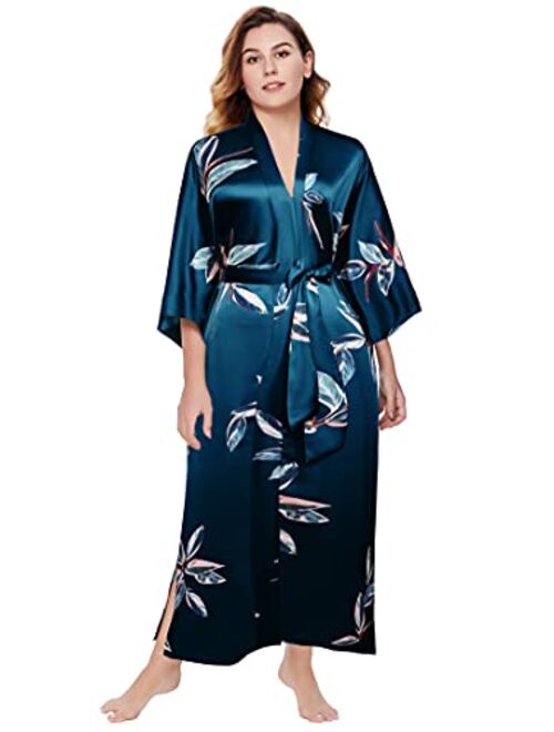 BABEYOND Plus Size Long Kimono Robe Floral Satin Robes Plus Size Kimono Cover Up Loose Cardigan Top Bachelorette Party Robe