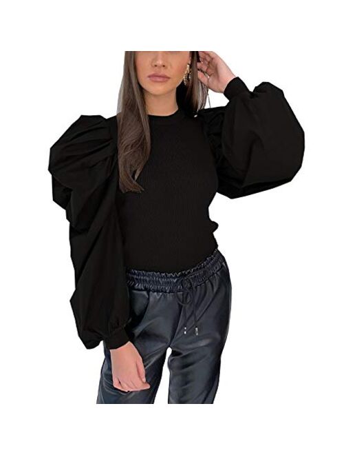 Ophestin Womens Sexy Puff Long Sleeve Patchwork Ribbed Round Neck Slim Fit Party Blouse T Shirts Pullover Top