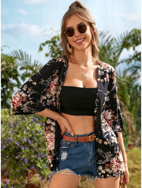 Shein Floral Print Belted Kimono