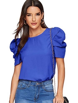 Women's Round Neck Short Puff Sleeve Keyhole Back Blouse Tops