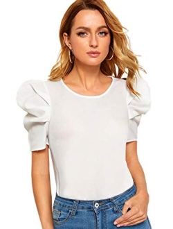 Women's Round Neck Short Puff Sleeve Keyhole Back Blouse Tops