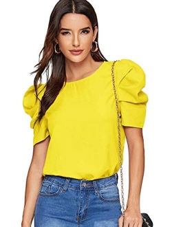 Women's Round Neck Short Puff Sleeve Keyhole Back Blouse Tops