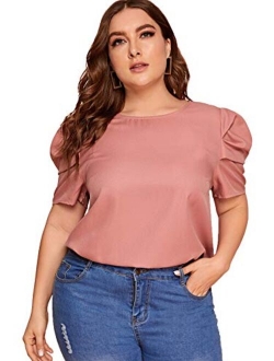 Women's Round Neck Short Puff Sleeve Keyhole Back Blouse Tops