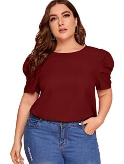 Women's Round Neck Short Puff Sleeve Keyhole Back Blouse Tops