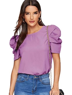 Women's Round Neck Short Puff Sleeve Keyhole Back Blouse Tops