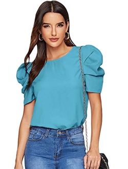 Women's Round Neck Short Puff Sleeve Keyhole Back Blouse Tops