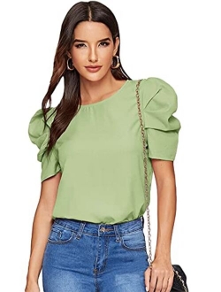 Women's Round Neck Short Puff Sleeve Keyhole Back Blouse Tops