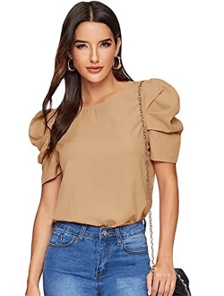 Women's Round Neck Short Puff Sleeve Keyhole Back Blouse Tops