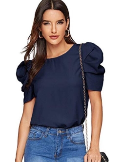 Women's Round Neck Short Puff Sleeve Keyhole Back Blouse Tops