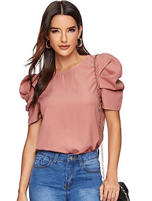 Floerns Women's Round Neck Short Puff Sleeve Keyhole Back Blouse Tops