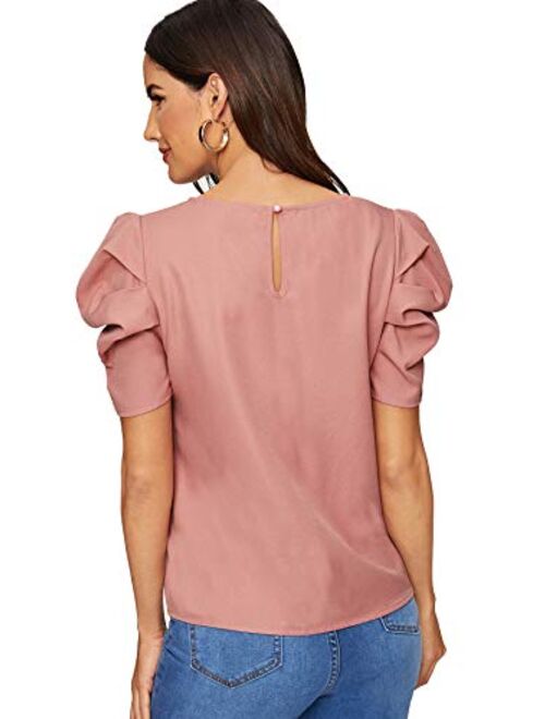 Floerns Women's Round Neck Short Puff Sleeve Keyhole Back Blouse Tops