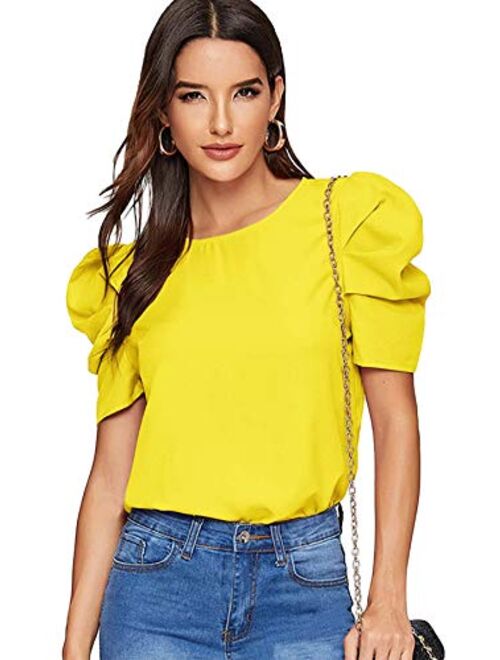 Floerns Women's Round Neck Short Puff Sleeve Keyhole Back Blouse Tops