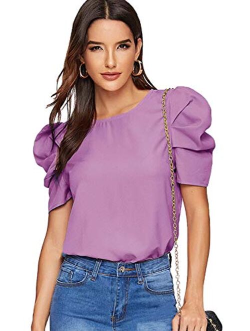 Floerns Women's Round Neck Short Puff Sleeve Keyhole Back Blouse Tops