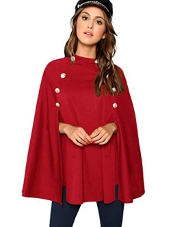 Women's Button Front Cloak Sleeve Elegant Cape Mock Poncho Classy Plaid Print Cape Coat