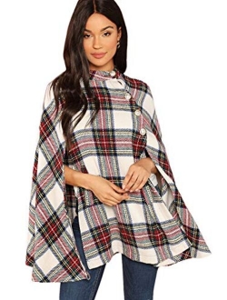 Women's Button Front Cloak Sleeve Elegant Cape Mock Poncho Classy Plaid Print Cape Coat