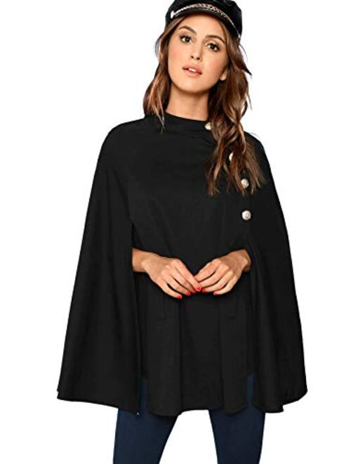 MAKEMECHIC Women's Button Front Cloak Sleeve Elegant Cape Mock Poncho Classy Plaid Print Cape Coat