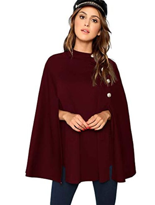 MAKEMECHIC Women's Button Front Cloak Sleeve Elegant Cape Mock Poncho Classy Plaid Print Cape Coat