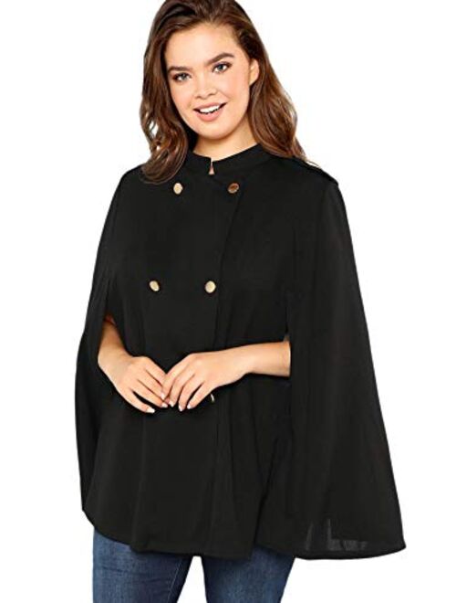 MAKEMECHIC Women's Button Front Cloak Sleeve Elegant Cape Mock Poncho Classy Plaid Print Cape Coat