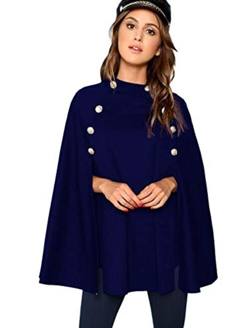 MAKEMECHIC Women's Button Front Cloak Sleeve Elegant Cape Mock Poncho Classy Plaid Print Cape Coat