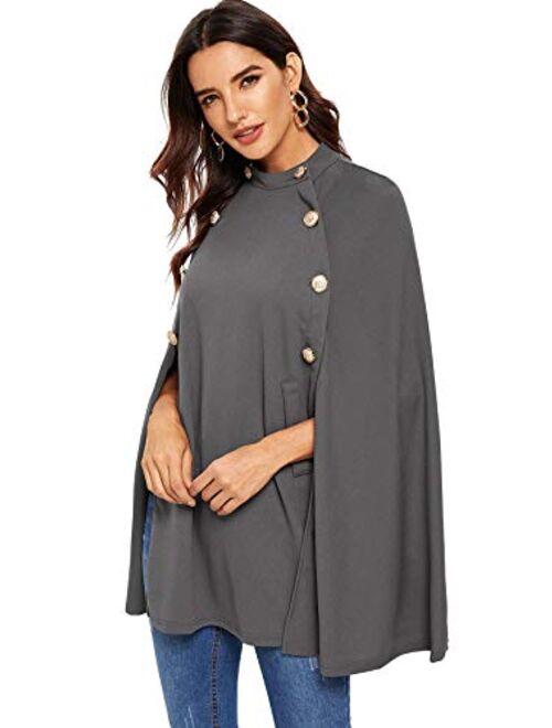 MAKEMECHIC Women's Button Front Cloak Sleeve Elegant Cape Mock Poncho Classy Plaid Print Cape Coat