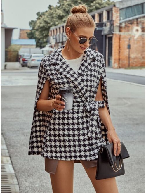 Shein Houndstooth Pattern Belted Tweed Cape Coat