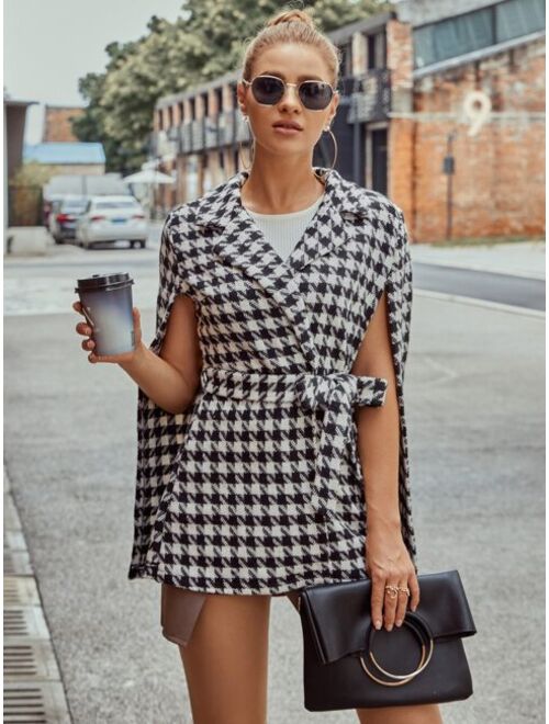 Shein Houndstooth Pattern Belted Tweed Cape Coat