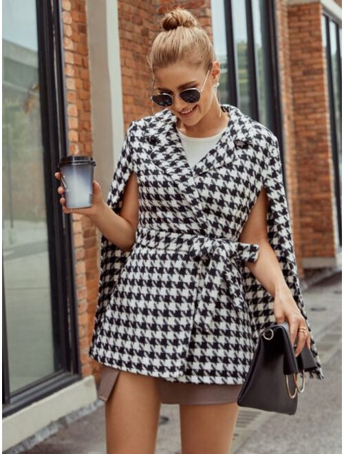 Shein Houndstooth Pattern Belted Tweed Cape Coat