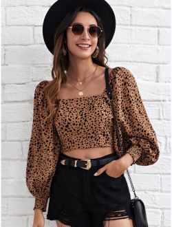 Lantern Sleeve Shirred Back Dalmatian Print Crop Top