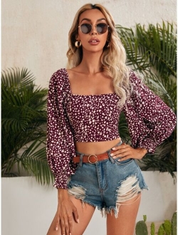 Lantern Sleeve Shirred Back Dalmatian Print Crop Top