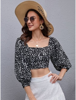 Lantern Sleeve Shirred Back Dalmatian Print Crop Top