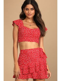 Flourishing Moments Red Floral Print Tie-Back Crop Top