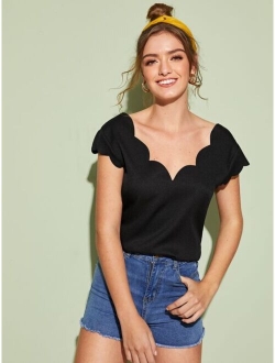 Double V Neck Scallop Edge Top