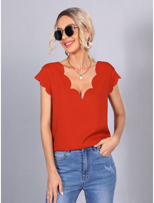 SHEIN Double V Neck Scallop Edge Top