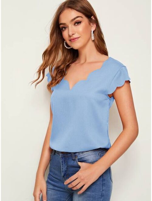 SHEIN Double V Neck Scallop Edge Top