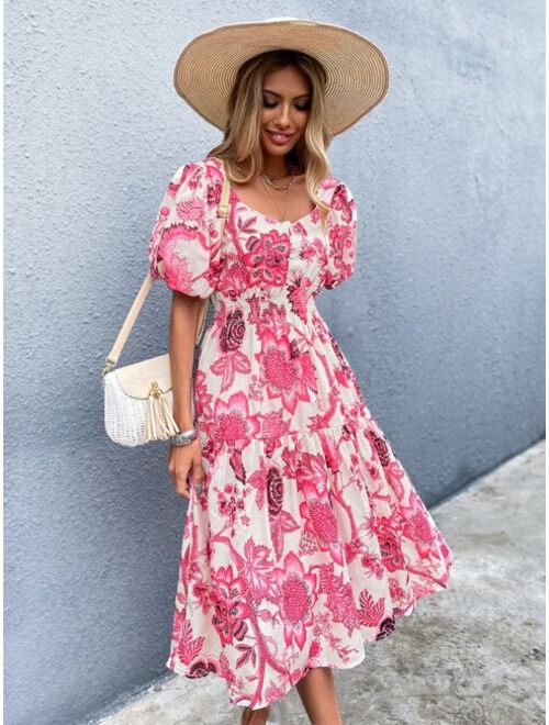 Buy Shein Sweetheart Neck Puff Sleeve Floral Dress online | Topofstyle