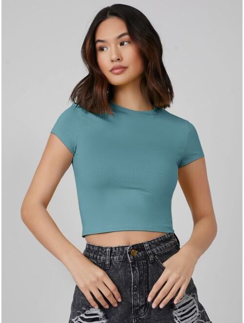 SHEIN BASICS Cap Sleeve Solid Crop Top