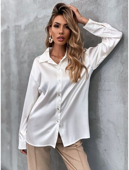 Shein Solid Button Through Drop Shoulder Blouse