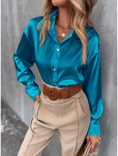 Shein Solid Button Through Drop Shoulder Blouse