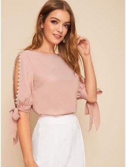 Pearl Beaded Split Sleeve Knot Cuff Top