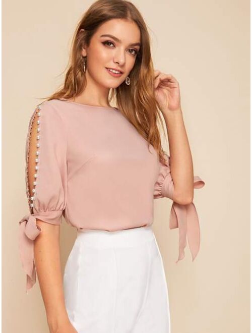 SHEIN Pearl Beaded Split Sleeve Knot Cuff Top