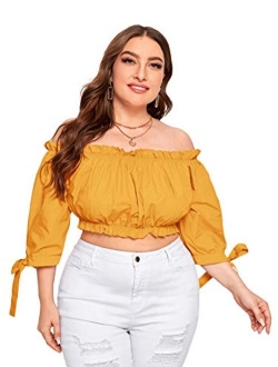 Women's Plus Size Knot Cuff 3/4 Sleeve Frill Trim Off Shoulder Crop Tops Blouse