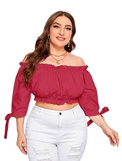 Women's Plus Size Knot Cuff 3/4 Sleeve Frill Trim Off Shoulder Crop Tops Blouse