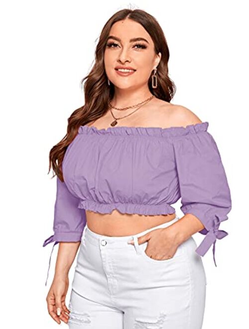 Romwe Women's Plus Size Knot Cuff 3/4 Sleeve Frill Trim Off Shoulder Crop Tops Blouse