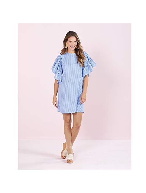 Mud Pie Women Blue Stripe Valencia Ruffle Sleeve Dress