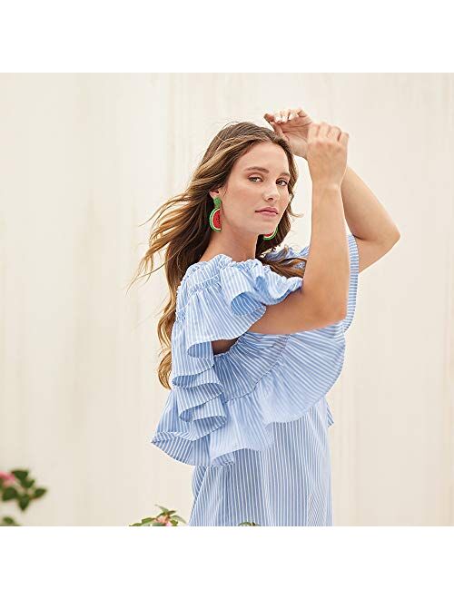 Mud Pie Women Blue Stripe Valencia Ruffle Sleeve Dress