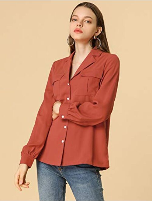 Allegra K Women's Solid Color Button Down Shirt Work Shirt Notch Lapel Collar Top
