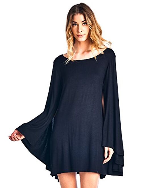 12 Ami Solid Long Cape Sleeve Mini Tunic Dress - Made in USA